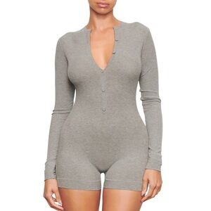Skims Soft Lounge Button Up Henley Onesie Womens Plus Size 3X Heathered Grey LS